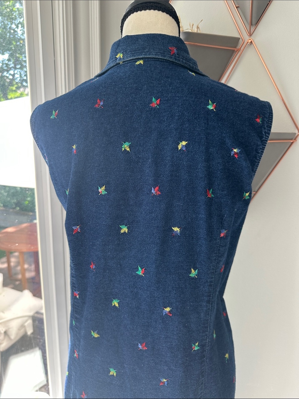 VINTAGE 90s Denim Navy Blue Embroidered Maxi Jean Dress Button Front Size 16 - Picture 7 of 14